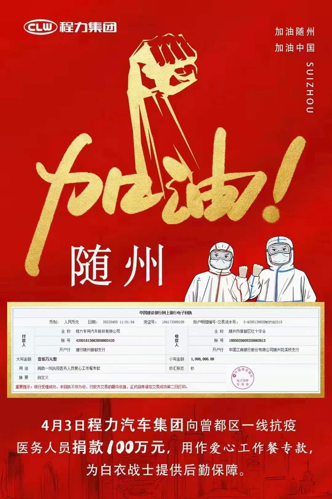 程力汽車集團(tuán)捐贈百萬愛心工作餐?？钪σ咔榉揽卣蔑@社會擔(dān)當(dāng)